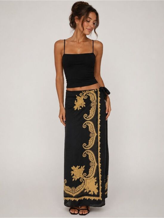 Finity Studio Dresses & Skirts - Black Maxi Wrap Silk Skirt 28" S  Boho Vtg Romantic Dark Academia Preppy